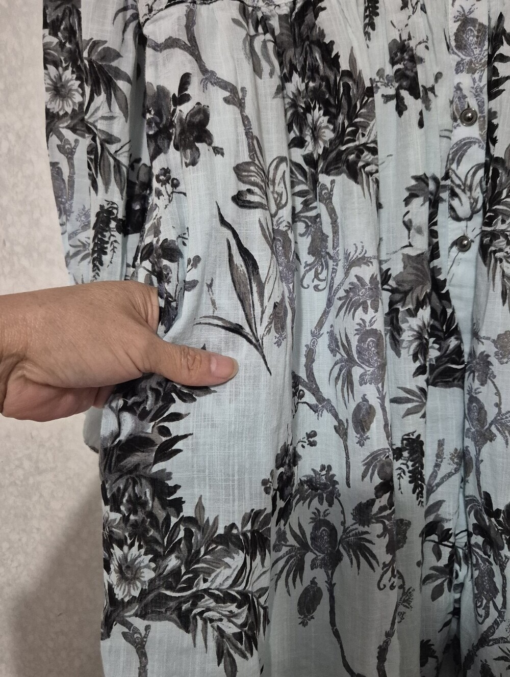 Anthropologie Pale Blue and White Black Floral Embroidery Tiered Shirt Dress-0 - Picture 8 of 13